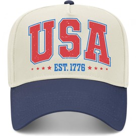 USA Est 1776 Vintage Trucker Hat | 4th of July America Party | Premium Snapback Baseball Hat for Men & Women (US, Alpha, One Size, Navy/Natural)