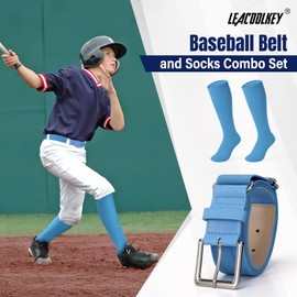 LEACOOLKEY Baseball Belt and Socks Combo Set Softball Socks and Elastic Belt for Adult Men Women Columbia Blue