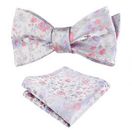 Alizeal Mens 2pcs Classic Floral Pattern Self-tied Bow Tie and Handkerchief Set, Silver+Pink+Blue
