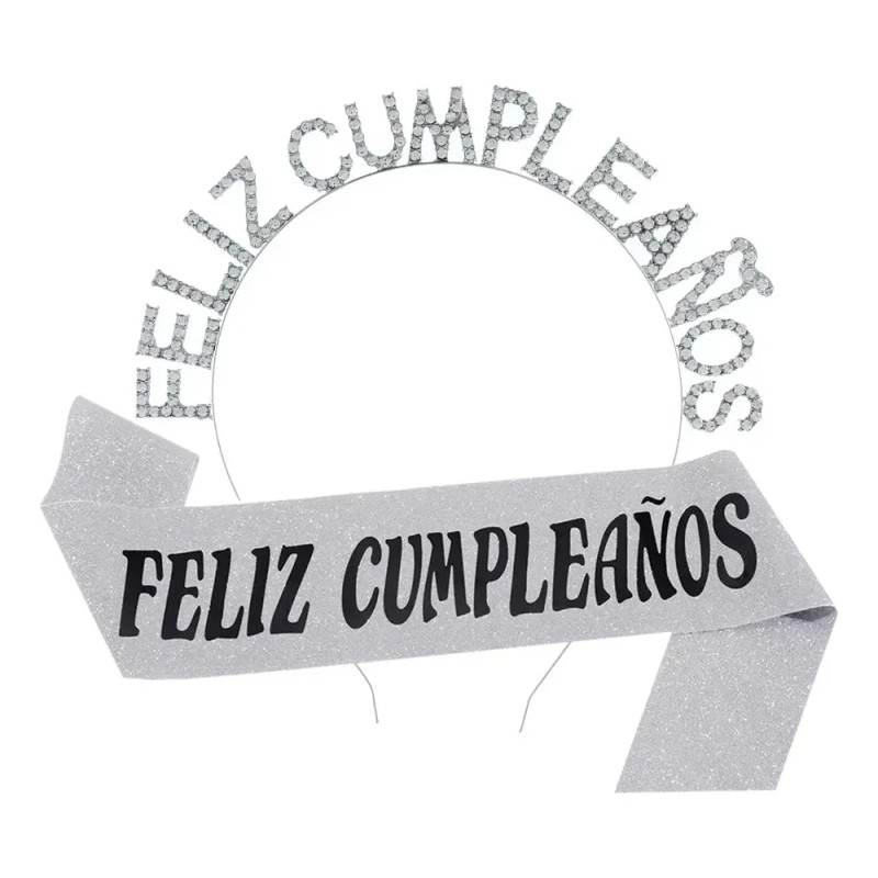 Feliz Cumpleaños Tiara Y Faja Diademas Fiesta Cumpleaño Plata +