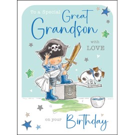 Jonny Javelin Special Great Grandson Birthday Card - Happy Birthday Card with Pirate Costume and Dog Design with Flitter Details - Birthday Card for Boys