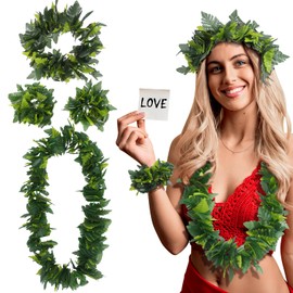 Holibanna Hawaiian Party 4pc Set Green Hawaiian Party Garland Artificial Leaves Headband Neck Loop Bracelet Tropical Beach Luau Party Fancy Dance Supplies