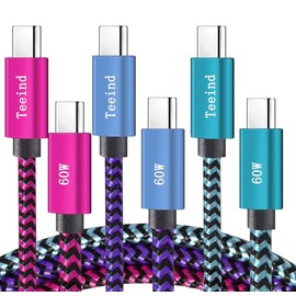 Teeind Tpc002 - Cable tipo C de carga rápida, paquete de 3 (3 pies/3.0 ft 60 W), cable trenzado de nailon tipo C a tipo C, compatible con iPhone 17/17