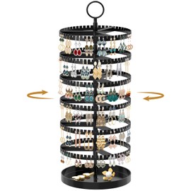 TANOSAN 6 Tier Rotating Earring Holder Organizer Stand Adjustable Plastic Display Tree with Metal Tray for Women, 342 Slots Rack for Stud, Hoop& Dangle (Black)