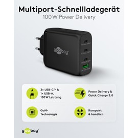 goobay 65555 Multiport Power Delivery USB C 100 W Charger/Compact Ultra-Fast Power Supply for 4 Devices/Quick Charge USB Port/Black