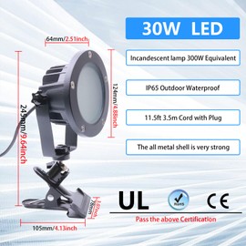 Clip Floodlight 30W LED Work Light IP65 Waterproof 300W Equivalent 11.5ft 3.5m Cord with Plug Lights for Workshop Garage, Construction Site Applicable to Various environments (30W Daylight White)