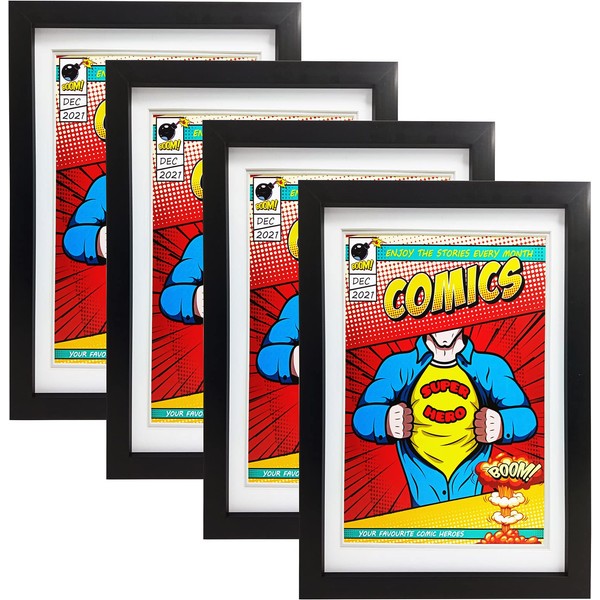 Comic Book Frame with Real Glass,4 Pack,UV Protection, Fits Current Comics up to 6 3/4" x 10 1/4", Fits with Comic Book Bags and Sleeves,Wall or Tabletop Display (Black Frame White Mat,4)