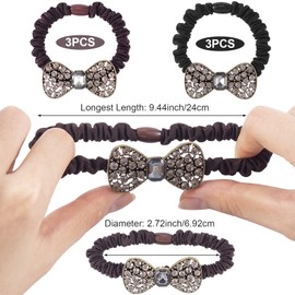HINZIC 6PCS Rhinestone Bow Hair Ties, Elastic Ponytail Holder Crystal Bling Hair Scrunchies Stretchy Bands Hair Ring Accessorie Vintage Bracelet for Women Girls Headwear(Black, Brown)