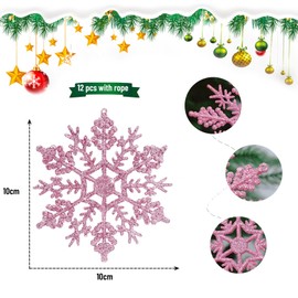 Mualady 12PCS 10cm Glitter Snowflake Hanging Decorations, White Christmas Tree Decorations with Lanyard, Plastic White Snowflake Ornaments for Birthday Party (Pink)