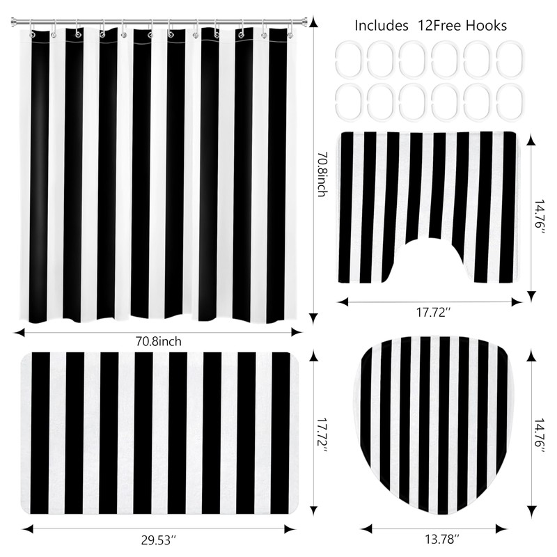 MYUSRE 4 Piece Black and White Striped Shower Curtain Set