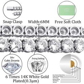 TOPGRILLZ Tennis Necklace Chain for Men 1Row 4mm/6mm 14K Gold Plated Iced Out Diamond Necklace for Women (6mm-White Gold Plated, 16)