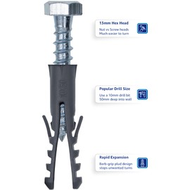 1STec 6 x M10 x 50 mm Strong Galvanised Satellite Anchor Nylon Mungo Wall Plug + Heavy Duty Coach Screw with 13mm HEX Bolt Head for Fixing Aerial Mast Sky Dishes TV Mount Brackets Shelving Racking