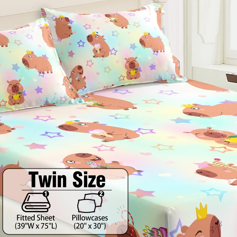 AILONEN Kawaii Capybara Fitted Sheet Set Twin Size,Cute Cartoon Capybara