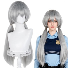 Long Gray Ponytail Wig for Women Silver Grey Cosplay Wig with Two Ponytail Wig for Halloween Costume Party