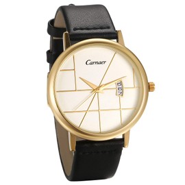 JewelryWe Men's Women's Watches Quartz Analogue Date Calendar 30 m Waterproof Watch Unique Geometric Design Watch with Leather Genuine Leather Strap, gold, Christmas Day, birthday