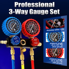 limontek R1234yf R134A AC Gauge Set, 3 Way Automotive AC Manifold Gauges for R1234yf R134A and R404A Refrigerants with 5FT Hoses Quick Couplers Self Sealing Can Tap for Freon Charging