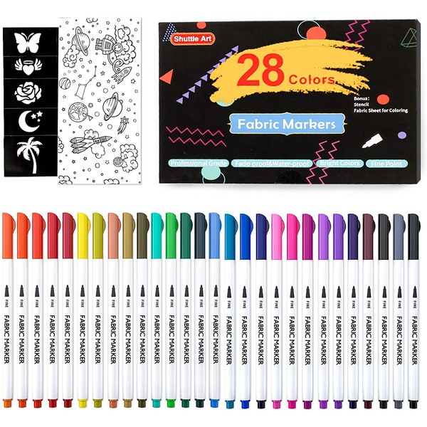 Shuttle Art 28 Colors Fabric Writing Pen Fabric Marker Water Resistant Durable Washable Washable Never Fade Fast Dry with Stencil DIY Handmade Illustration Doodle Sneakers T-Shirt Canvas Kids