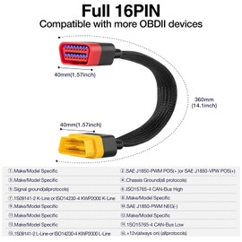 LAUNCH OBD2 Extension Cable Full 16Pin Male to Female OBDII Extend Cable for Car OBD Diagnostic Extender Cord Connector Reinforced Nylon Material (36CM/1.2FT)