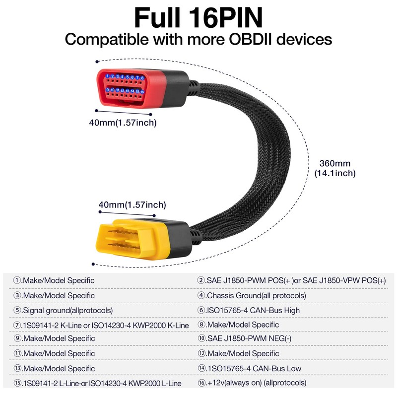 LAUNCH OBD2 Extension Cable Full 16Pin Male to Female OBDII