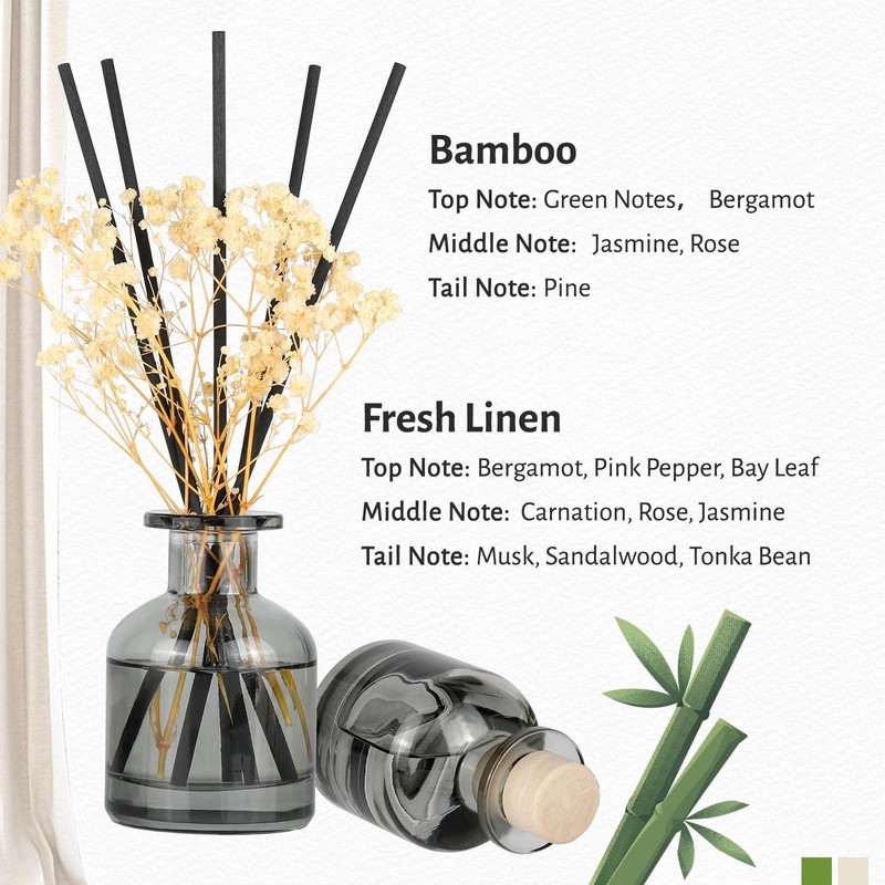 Brakula 2 Pack Reed Diffuser, Fresh Linen + Bamboo (3.38