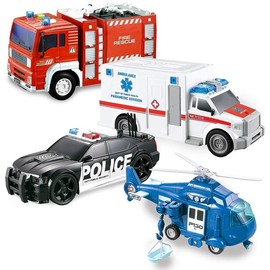 Joiedomi 4 Packs Emergency Vehicle Toys with Light and Sound, Including Fire Truck, Ambulance Toy, Play Police Car and Toy Helicopter For Christmas New Year Gifts Springtok