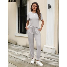 Ekouaer 2 Pack Womens Pajama Sets Short Sleeve Tops Jogger Pants Lounge Sets Soft Loungewear Printed Pj with Pockets