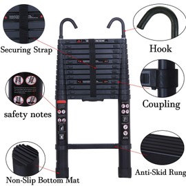 Telescopic Ladder with Hook Aluminium Extension Stepladder Black Lightweight Multi-Purpose for Home Office Attic Loft Roof Works 150kg Max Laod 20.3FT