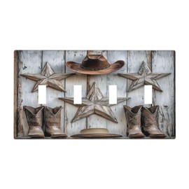 Nijuodnijir Light Switch Covers Rustic Texas Star Barn Cowboy Hat Boots Quad Toggle Electrical Faceplate 4 Gang Wall Plate Decorative Switch Plates For Farmhouse Cabin Decor