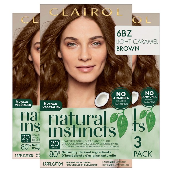 Clairol Natural Instincts Demi-Permanent Hair Dye, 6BZ Light Caramel Brown Hair Color, Pack of 3