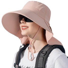 WANYI Women's Sun Hat with Neck Protection Wide Brim Summer Sun Protection Hat Outdoor Hiking Hat UV Protection Fishing Hat with Ponytail Hole for Anglers, Garden, Sandy Beach 55-60 cm, pink