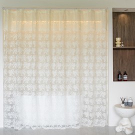 TUDECO Extra Long Shower Curtain - Rustic Lace Off White Shower Curtain with Attached Valance Vintage Floral Sheer Extra Wide Bathroom Curtain Scalloped Edges, 102" W×84" L, 1 Panel, Cream