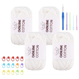 FALSKT Chunky Yarn for Crochet Soft Cotton Yarn 4x50g Easy Crochet Yarn for Beginners White Thick Wool for Knitting Crafts Amigurumi with Crochet Hook Plastic Needles Stitch Markers