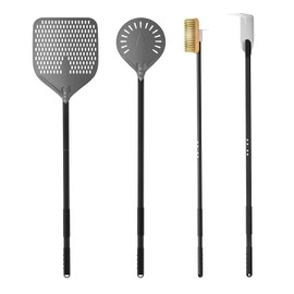 G.a HOMEFAVOR 4-Piece Pizza Tool Set - 12" × 15" Perforated Aluminum Pizza Peel, 9" Round Turning Peel, Pizza Oven Cleaning Brush, Ash Rake, Pizza Oven Accessories, Pizza Kit for Pizza Lover