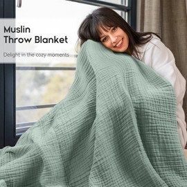 Yoofoss Muslin Blanket 100% Cotton Throw Summer Blanket Large 50" x 60" for Bed Couch 6-Layer Gauze Blanket for Adults Lightweight and Breathable Dark Green