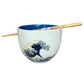 Urban Tokyo Ceramic Glazed Japanese Ramen Udon Noodle Rice Bowl With Chopsticks 18 fl oz 5 inch Diameter Bowl Sets Color Box Packaging Great Wave Off Kanagawa Hokusai Design