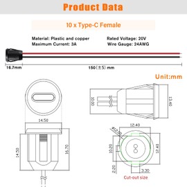 KUOQIY Pack of 10 3A 2-Pin USB-C Socket, Round USB C Socket with Snap Groove Buckle, 2-Wire Installation Type-C Female with 150 mm 24 AWG Wires, Black