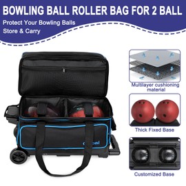 Goloni Double Roller 2 two bowling ball bag with wheels with Separate Shoe Compartment Size 15 and Oversized Accessory Pocket,2/two ball bowling bag,Retractable Handle Extends to 40"
