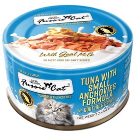 Fussie Cat Premium Canned Wet Cat Food in Goat Milk Gravy - 2.47 oz Cans - Case of 24 Cans (Tuna & Small Anchovies)