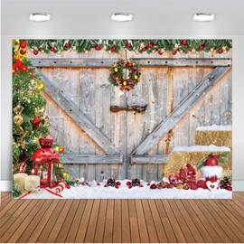 CHAIYA 7X5ft Christmas Rustic Barn Wood Door Backdrop for Photography Christmas Backdrop Xmas Tree Gift Background Family Holiday Party Banner New Year Party Background CY195