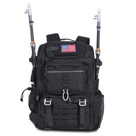 Romatime 37L Fishing Tackle Backpack with Rod Strap, Insulated Outdoor Tackle Bag with Protective Rain Cover, Black