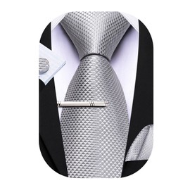 Barry.Wang Men's Tie Set Classic Plain Silk Tie Pocket Square Cufflinks Tie Clip for Wedding Party, silver