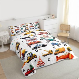 Feelyou Excavator Kids Comforter Fire Truck Police Car Boys Comforter Set Helicopter Motorcycle Ambulance Toddler Bedding Set Alphabet Vehicle Cars Quilt Set Decor with 1 Pillowcase 2Pcs Bedding Twin