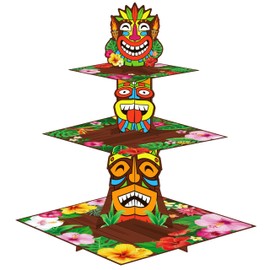 Hawaii Tiki Cupcake Stand Hawaiian Luau Party Decorations 3 Tier Tiki Faces and Tropical Flowers Theme Cupcake Holder Aloha Dessert Tower for Hawaii Summer Theme Party Supplies