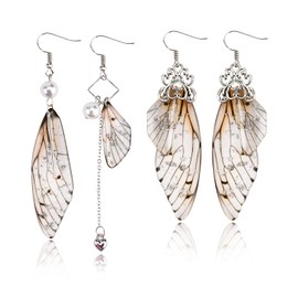 ABONDEVER Cottagecore Butterfly Wing Earrings 1 Pair 14K Gold Foil Fairy Wing Earrings & 1 Pair Fairycore Asymmetrical Earrings for Women Drop Dangle Earrings (Silver Grey)