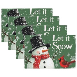 Let It Snow Placemats Set of 4,Christmas Snowman Placemats for Dining Table,Heat Resistant Stain Resistant Wipeable Table Mats for Kitchen Dining Holiday Party Home Decor,12x18 Inch