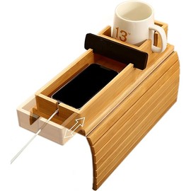 Bamboo Couch Arm Tray/Sofa Armrest Tray with Detachable Couch Cup Holder Tray, 2 in 1 Design Foldable Anti Falling Bamboo Couch Tray and Sofa Cup Holder for Cups Snacks Remote Cellphone