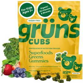 Gruns Kids Vitamins, Super Greens Gummies, Sugar-Free Superfood Gummy Bears With Spirulina, Chlorella, Prebiotics Fiber for Digestive Health, Adaptogens Supplement, 20 Vitamins & Minerals, 28 day Pack