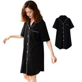 YunXiozy Star Women's Pajamas, 100% Cotton, One-piece Nightgown, Short Sleeve, Open Front, Knee Length, Solid, Loungewear, Sleepwear, Cute, Skin-friendly, Spring, Summer, Autumn, Black