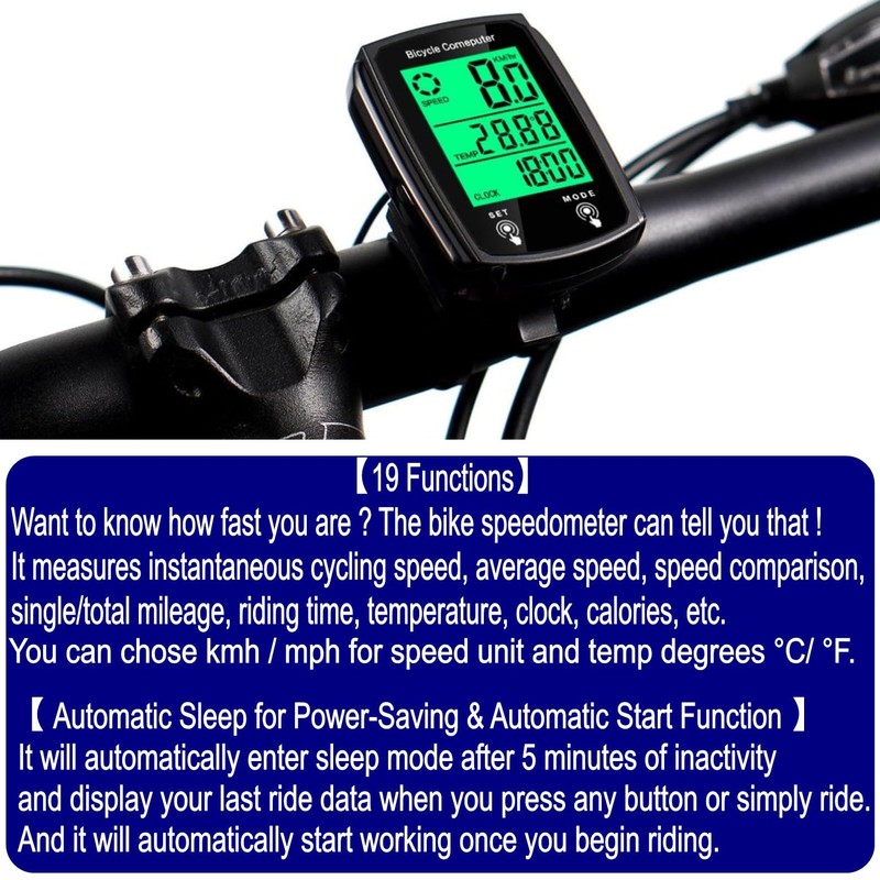 JZK Wired bike computer with LCD backlight Display, 19 functions