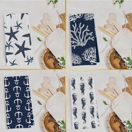 Geqtt Ocean Themed Dish Towels Set - Navy Coastal Nautical Waffle Weave Kitchen Towels, Navy Blue Ocean Themed Hand Tea Towels, Coastal Bathroom Decor (16×24 Inches Set of 4)